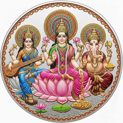 AMTC BIS Hallmarked Laxmi Ganesh Saraswati Mata Silver Coin 999 Pure.